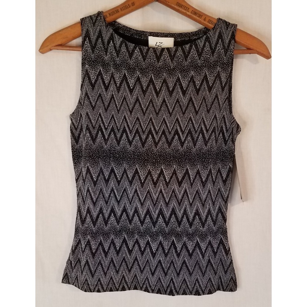 NWT Vtg IZ Byer Cal Black And Silver Metallic Chevron Print Sleeveless Tank Sz M